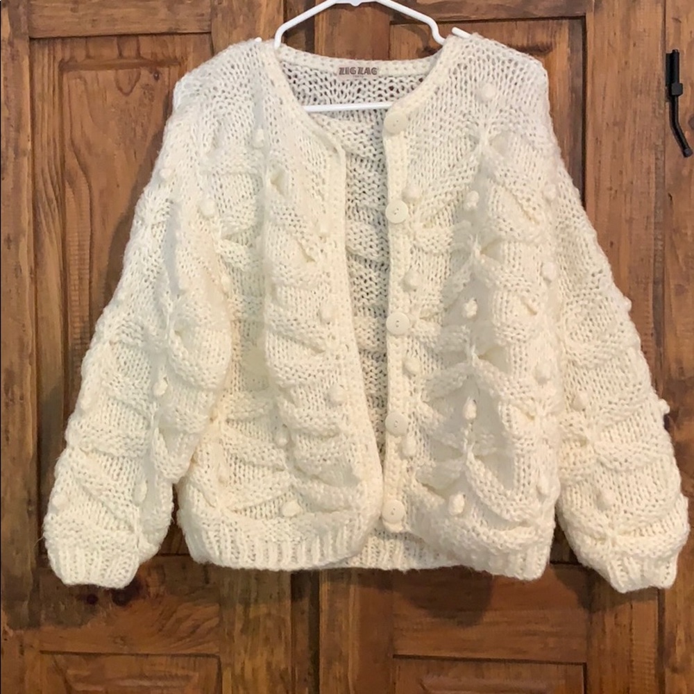 Vintage Pom Pom Chunky Cardigan Knit White Medium
